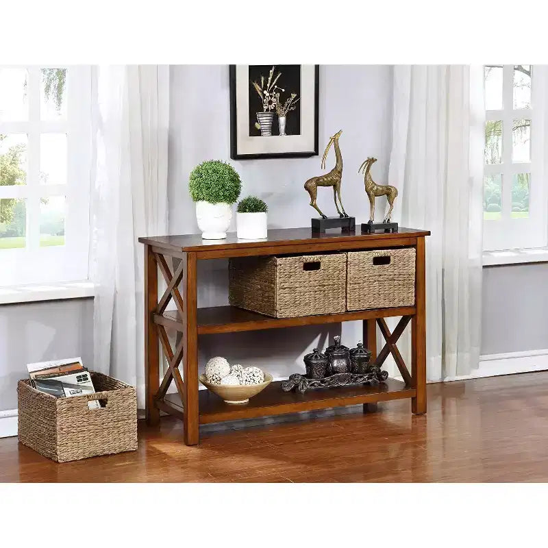 Console marron avec côtés en X, 2 étagères et 3 paniers