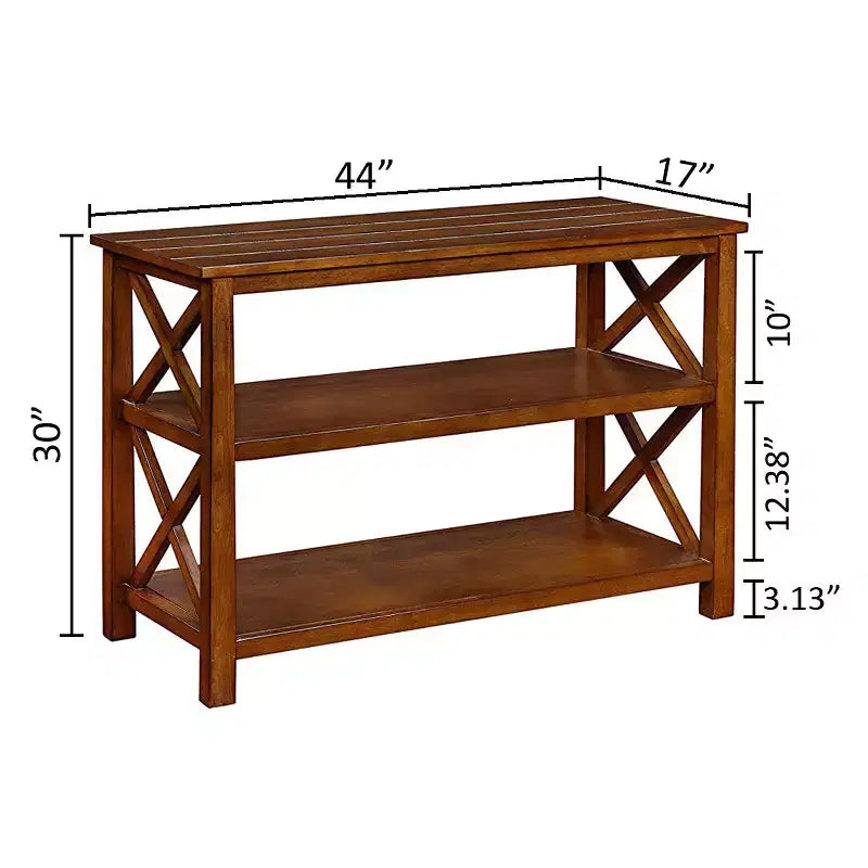 Console marron avec côtés en X, 2 étagères et 3 paniers