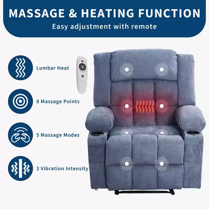 Fauteuil inclinable manuel avec fonction Chaleur et Massage – Bleu / Marron / Gris, Individuel