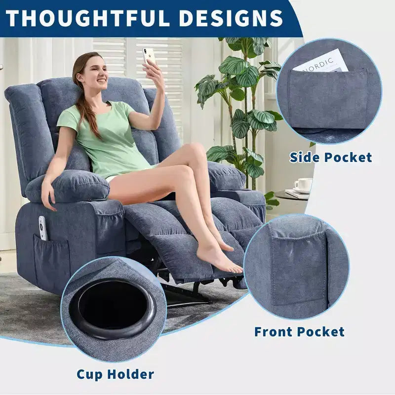 Fauteuil inclinable manuel avec fonction Chaleur et Massage – Bleu / Marron / Gris, Individuel