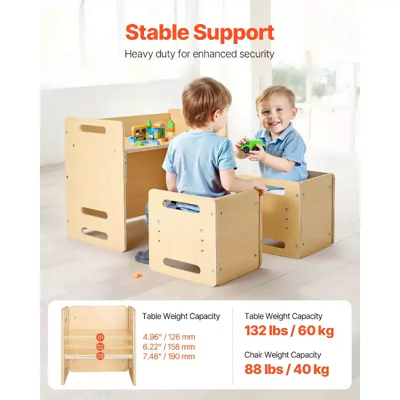 Table et 2 chaises pour tout-petits en bois naturel, rectangulaire, 3 pièces