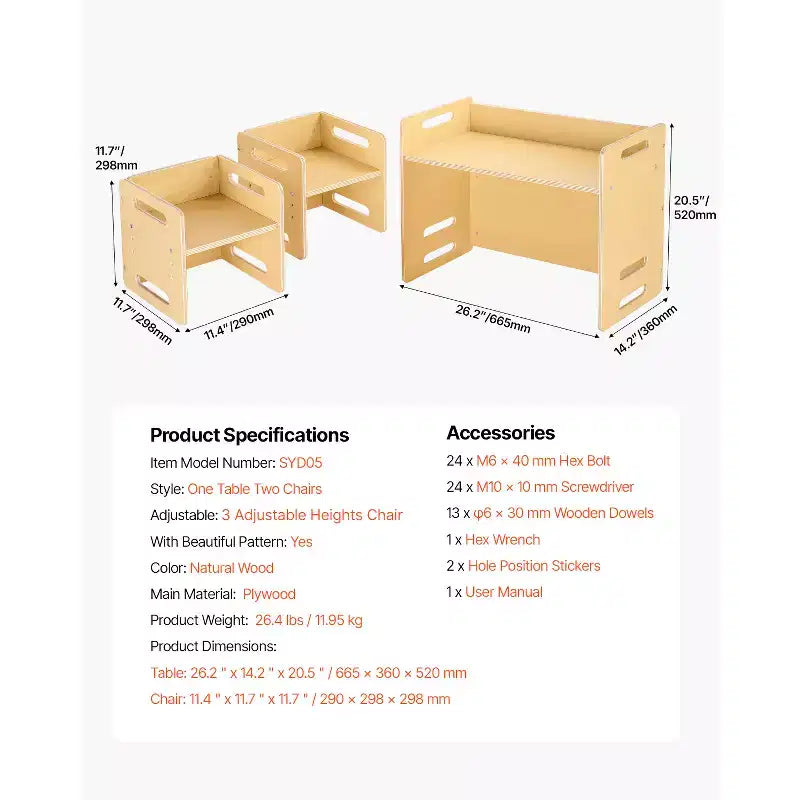 Table et 2 chaises pour tout-petits en bois naturel, rectangulaire, 3 pièces