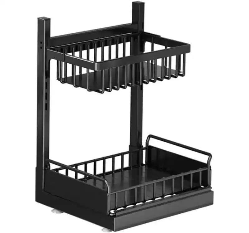 COZONY Under Sink Organizer with Pull Out Drawers, 2-Tier L-Shaped Adjustable Kitchen Cabinet Storage, Metal Shelf for Bathroom