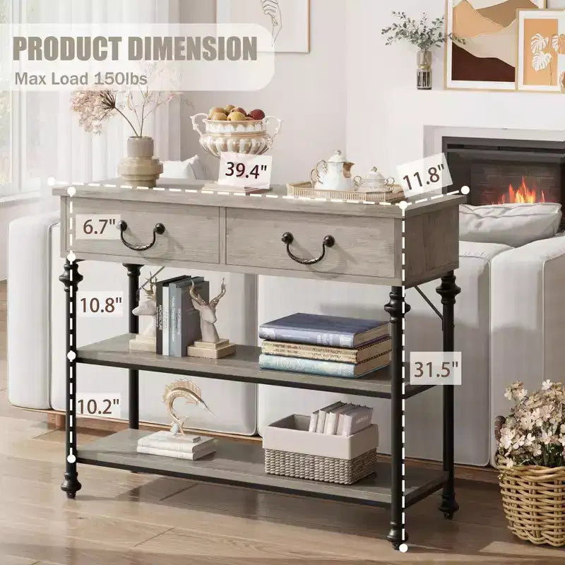 Table console 1 personne style industriel marron/gris avec 2 tiroirs et étagères ouvertes