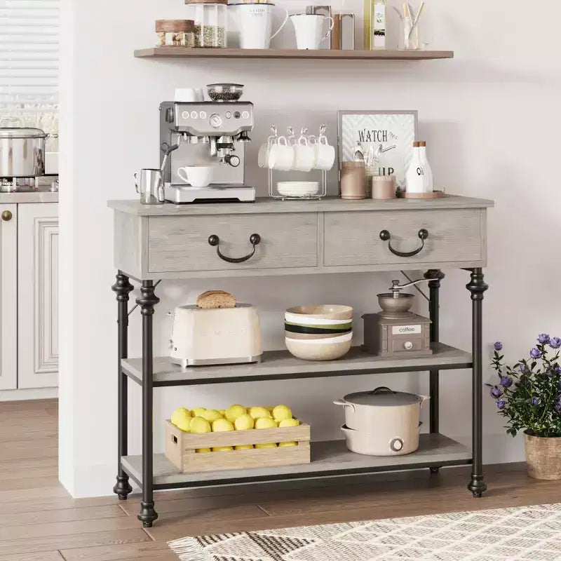 Table console 1 personne style industriel marron/gris avec 2 tiroirs et étagères ouvertes
