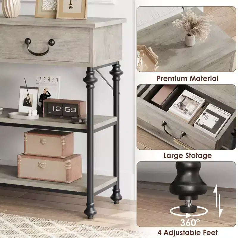 Table console 1 personne style industriel marron/gris avec 2 tiroirs et étagères ouvertes