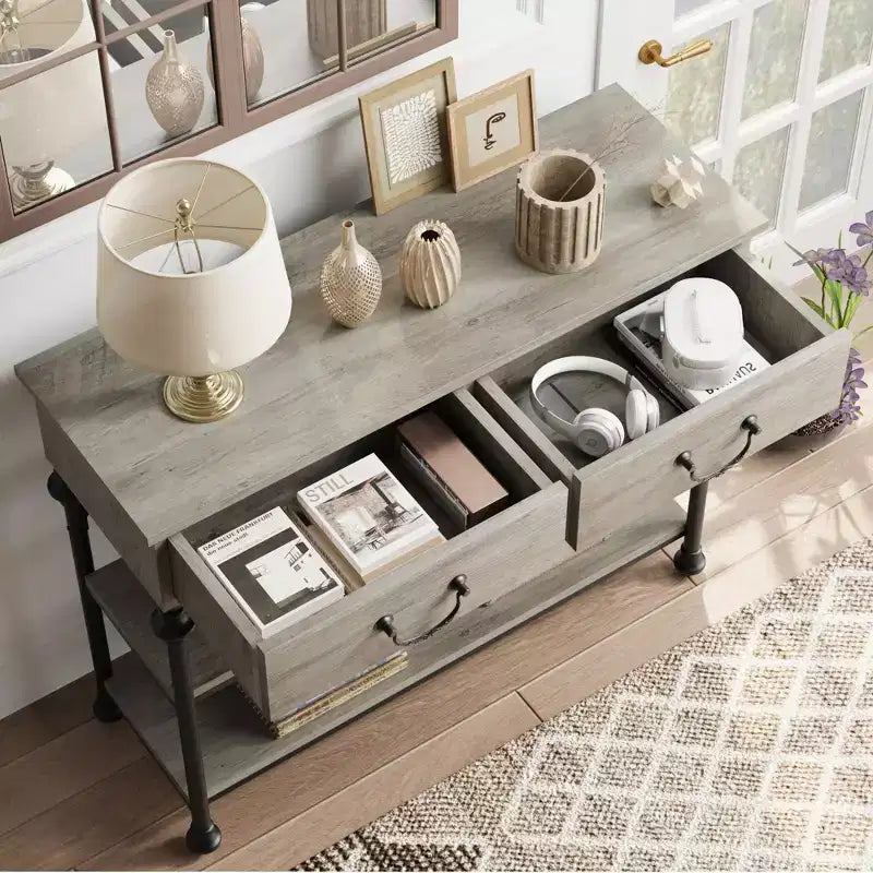 Table console 1 personne style industriel marron/gris avec 2 tiroirs et étagères ouvertes
