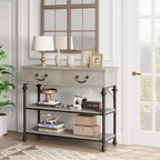 Table console 1 personne style industriel marron/gris avec 2 tiroirs et étagères ouvertes