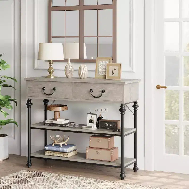 Table console 1 personne style industriel marron/gris avec 2 tiroirs et étagères ouvertes