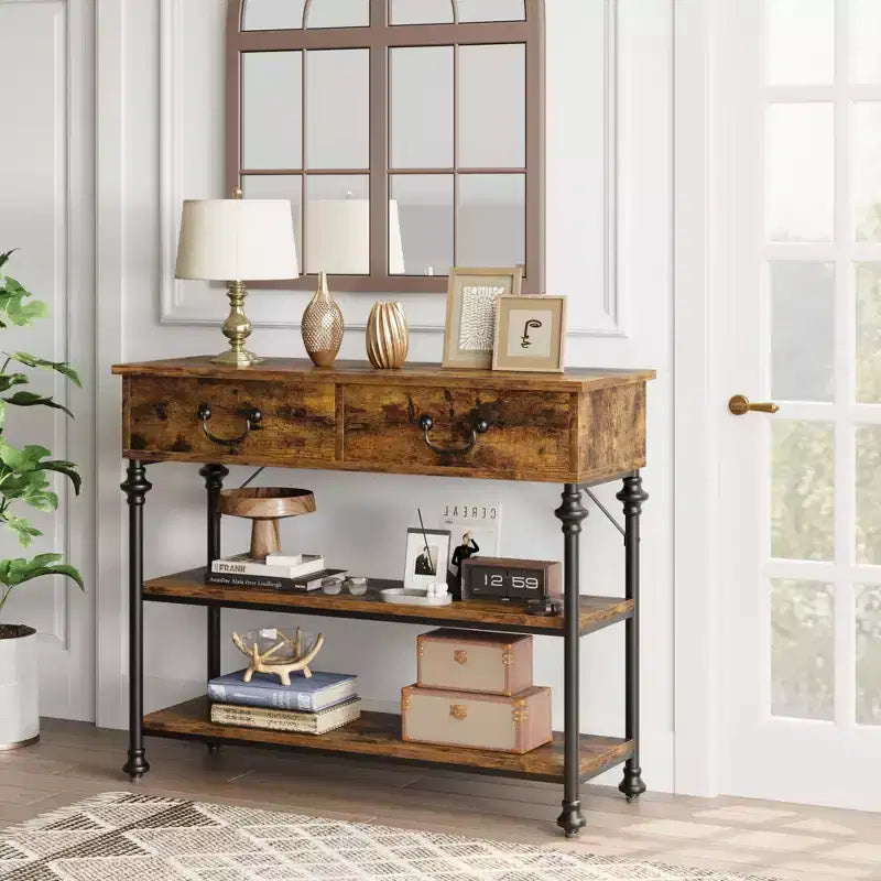 Table console 1 personne style industriel marron/gris avec 2 tiroirs et étagères ouvertes