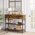 Table console 1 personne style industriel marron/gris avec 2 tiroirs et étagères ouvertes