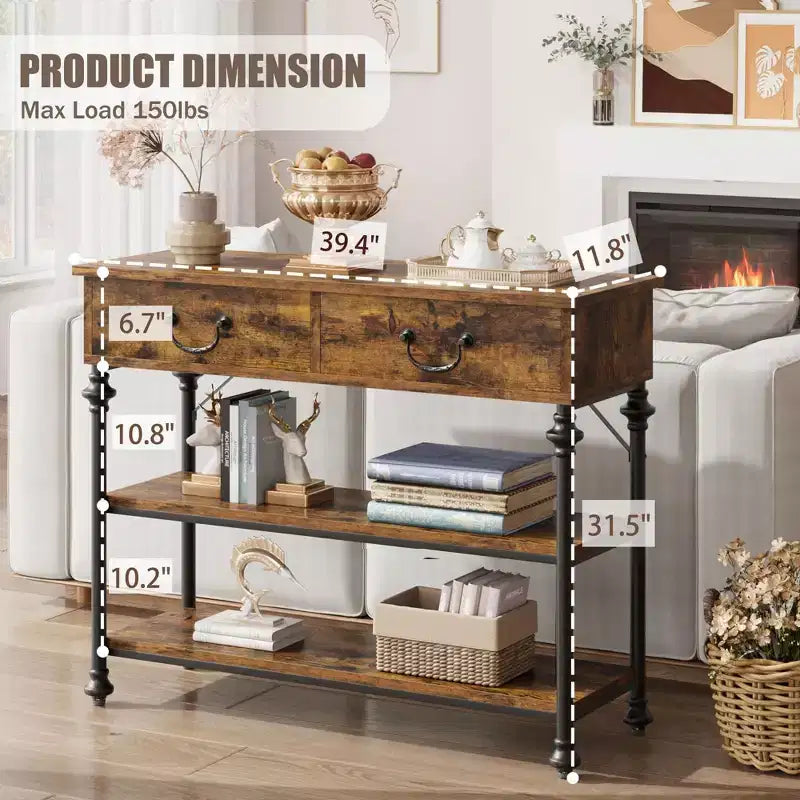 Table console 1 personne style industriel marron/gris avec 2 tiroirs et étagères ouvertes