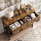 Table console 1 personne style industriel marron/gris avec 2 tiroirs et étagères ouvertes