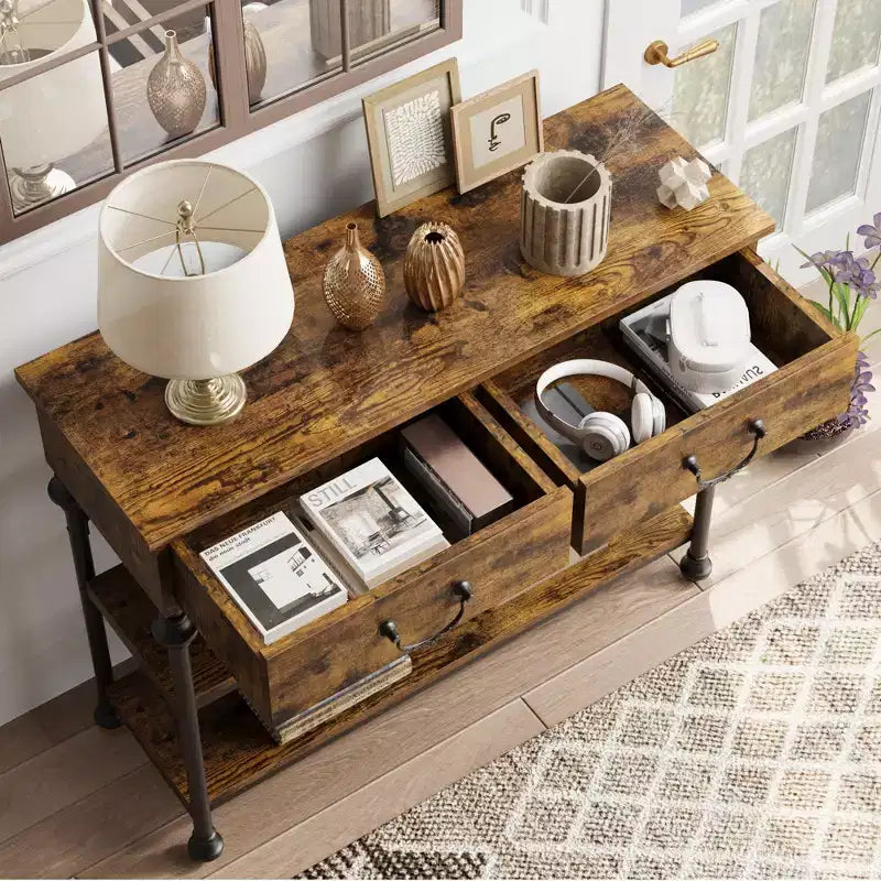 Table console 1 personne style industriel marron/gris avec 2 tiroirs et étagères ouvertes
