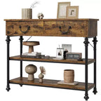 Table console 1 personne style industriel marron/gris avec 2 tiroirs et étagères ouvertes