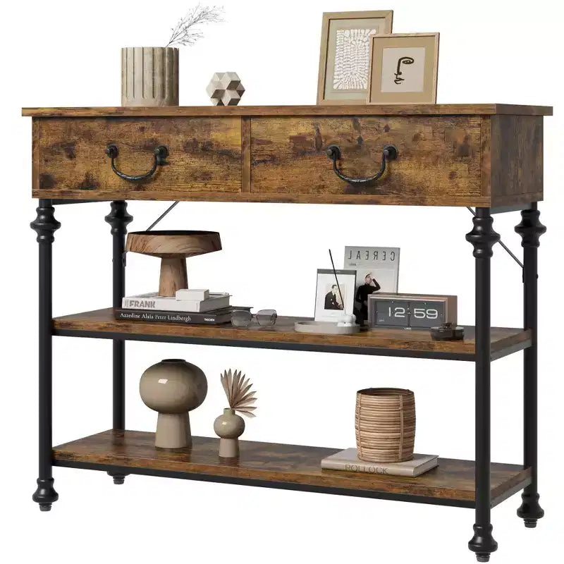Table console 1 personne style industriel marron/gris avec 2 tiroirs et étagères ouvertes