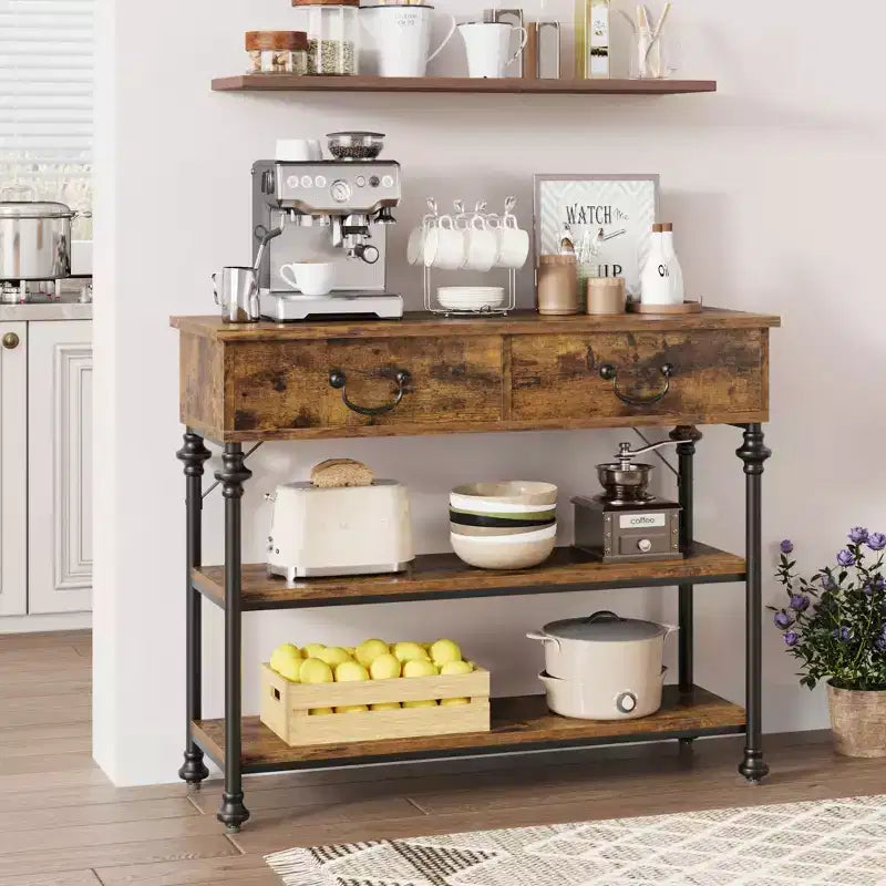 Table console 1 personne style industriel marron/gris avec 2 tiroirs et étagères ouvertes