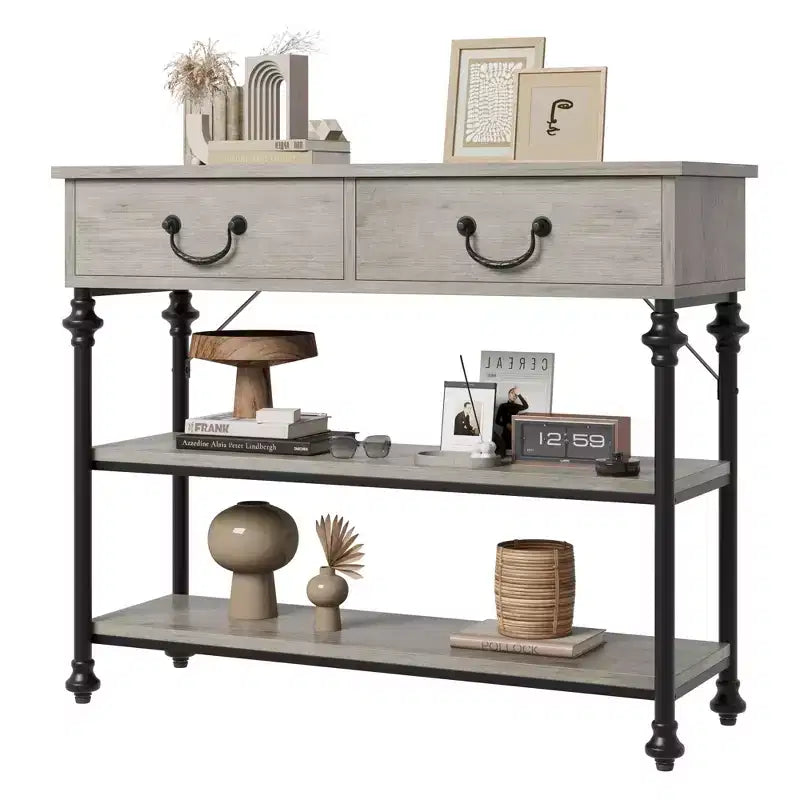 Table console 1 personne style industriel marron/gris avec 2 tiroirs et étagères ouvertes