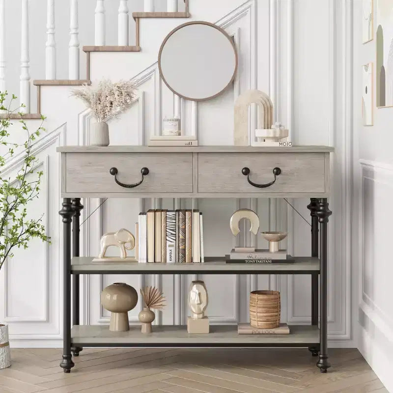 Table console 1 personne style industriel marron/gris avec 2 tiroirs et étagères ouvertes