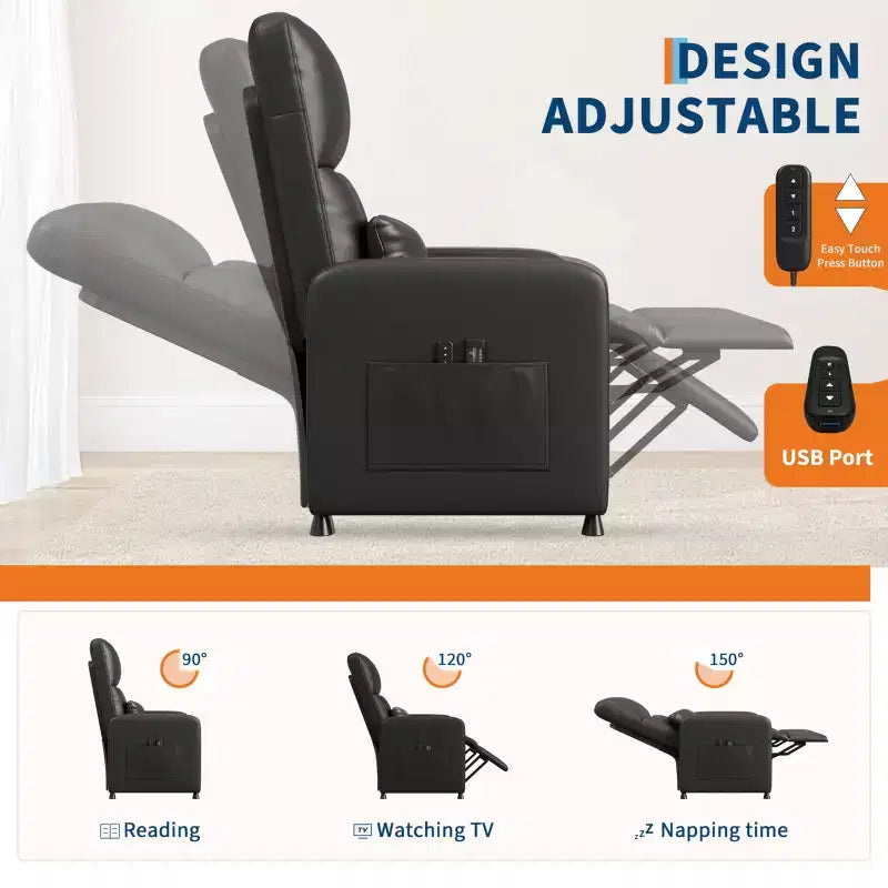 Fauteuil inclinable électrique une place Blanc/Marron/Noir, dossier haut, repose-pieds réglable