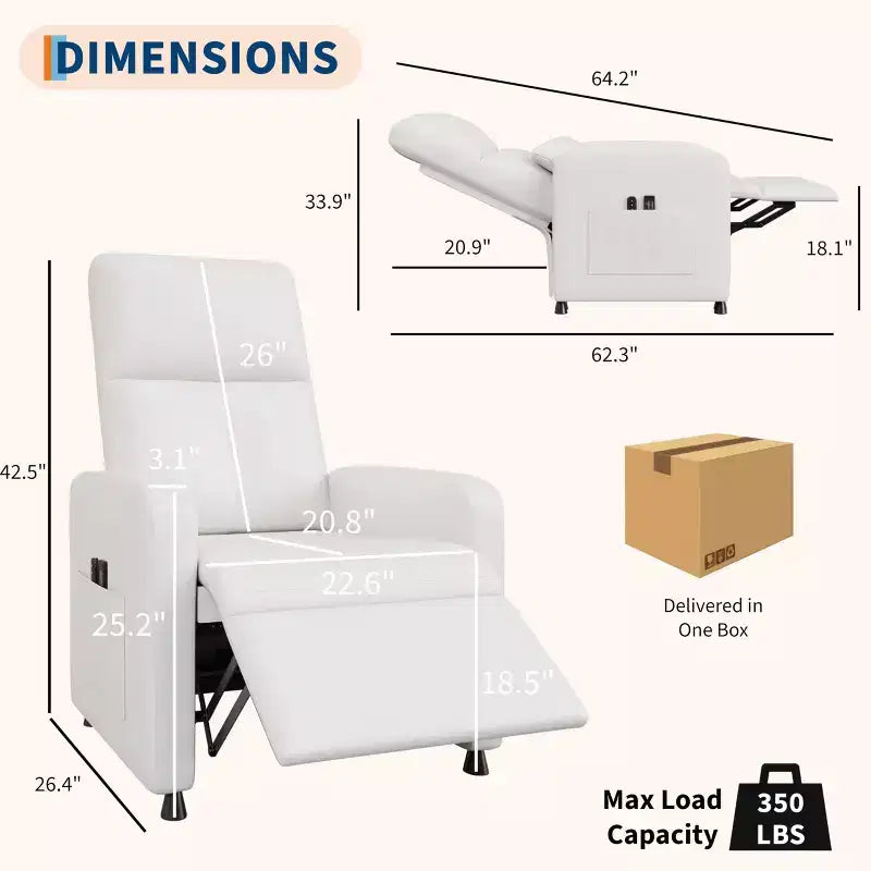 Fauteuil inclinable électrique une place Blanc/Marron/Noir, dossier haut, repose-pieds réglable
