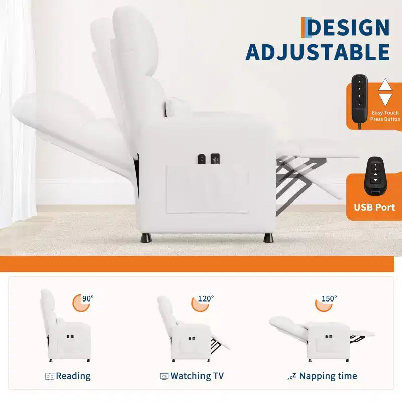 Fauteuil inclinable électrique une place Blanc/Marron/Noir, dossier haut, repose-pieds réglable