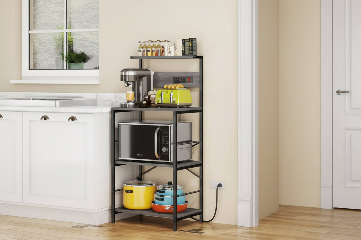 Étagère de boulanger à 4 niveaux autoportante avec prises électriques – Noir / Marron / Gris