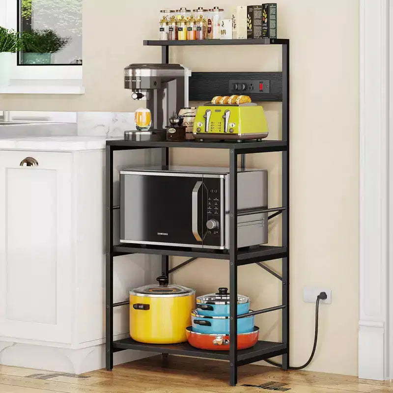 Étagère de boulanger à 4 niveaux autoportante avec prises électriques – Noir / Marron / Gris