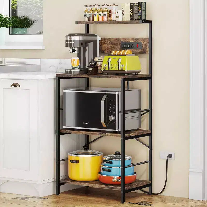 Étagère de boulanger à 4 niveaux autoportante avec prises électriques – Noir / Marron / Gris