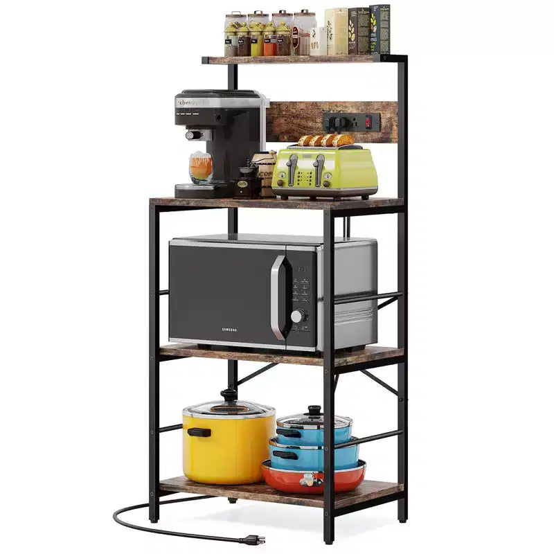 Étagère de boulanger à 4 niveaux autoportante avec prises électriques – Noir / Marron / Gris
