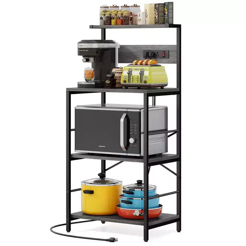 Étagère de boulanger à 4 niveaux autoportante avec prises électriques – Noir / Marron / Gris