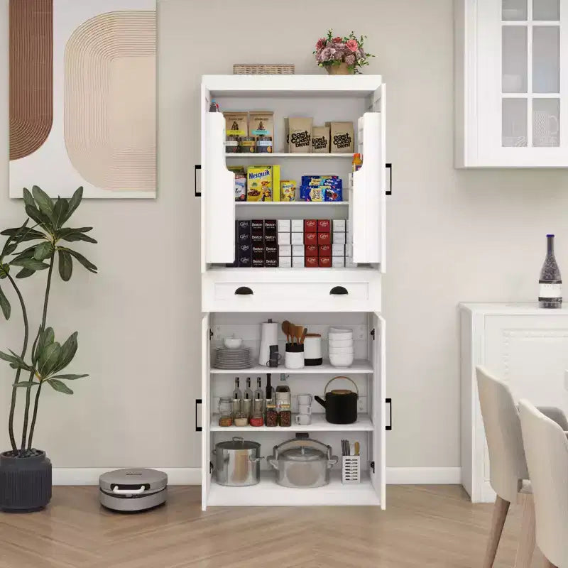 Meuble de Rangement de Garde-Manger Moderne Blanc avec Tiroir et Étagères Réglables