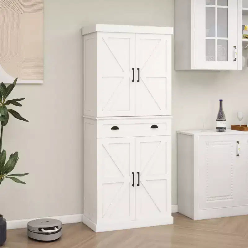 Meuble de Rangement de Garde-Manger Moderne Blanc avec Tiroir et Étagères Réglables