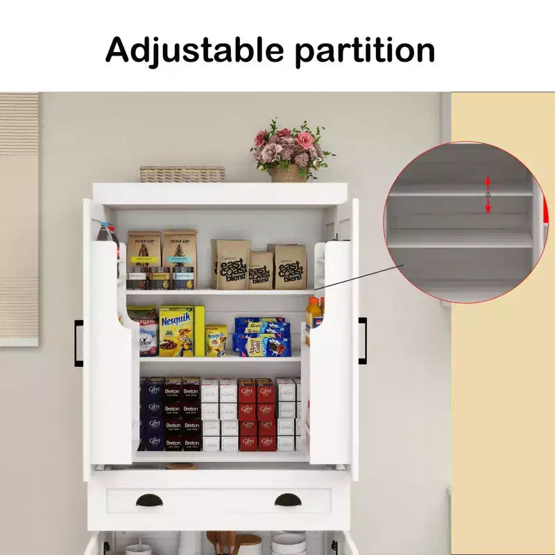 Meuble de Rangement de Garde-Manger Moderne Blanc avec Tiroir et Étagères Réglables