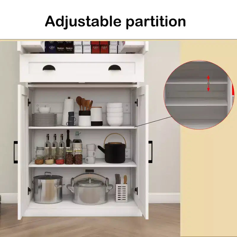Meuble de Rangement de Garde-Manger Moderne Blanc avec Tiroir et Étagères Réglables