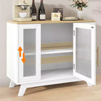 Bahut de salle à manger avec portes en verre cannelé blanc/blanc et naturel, 91,4 cm et 142,2 cm, 1-2 personnes