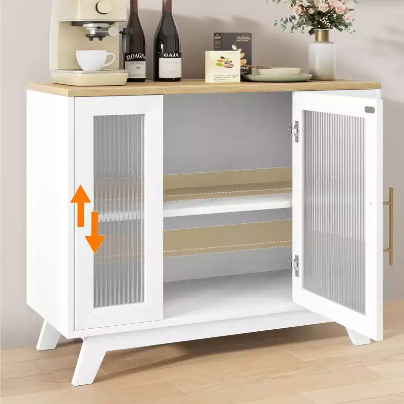 Bahut de salle à manger avec portes en verre cannelé blanc/blanc et naturel, 91,4 cm et 142,2 cm, 1-2 personnes