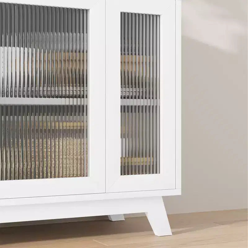 Bahut de salle à manger avec portes en verre cannelé blanc/blanc et naturel, 91,4 cm et 142,2 cm, 1-2 personnes