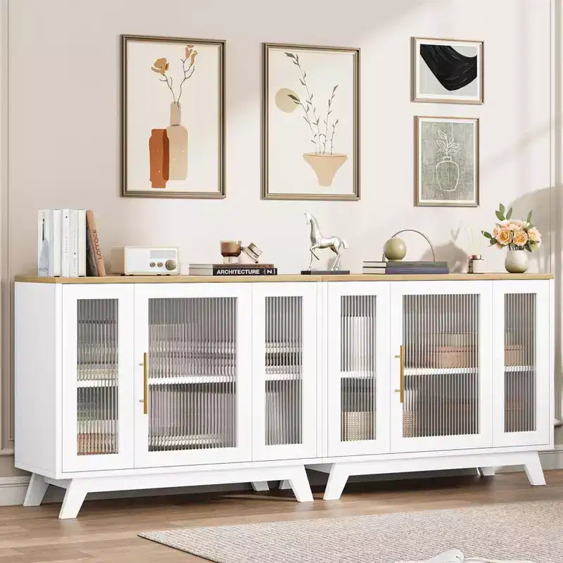 Bahut de salle à manger avec portes en verre cannelé blanc/blanc et naturel, 91,4 cm et 142,2 cm, 1-2 personnes