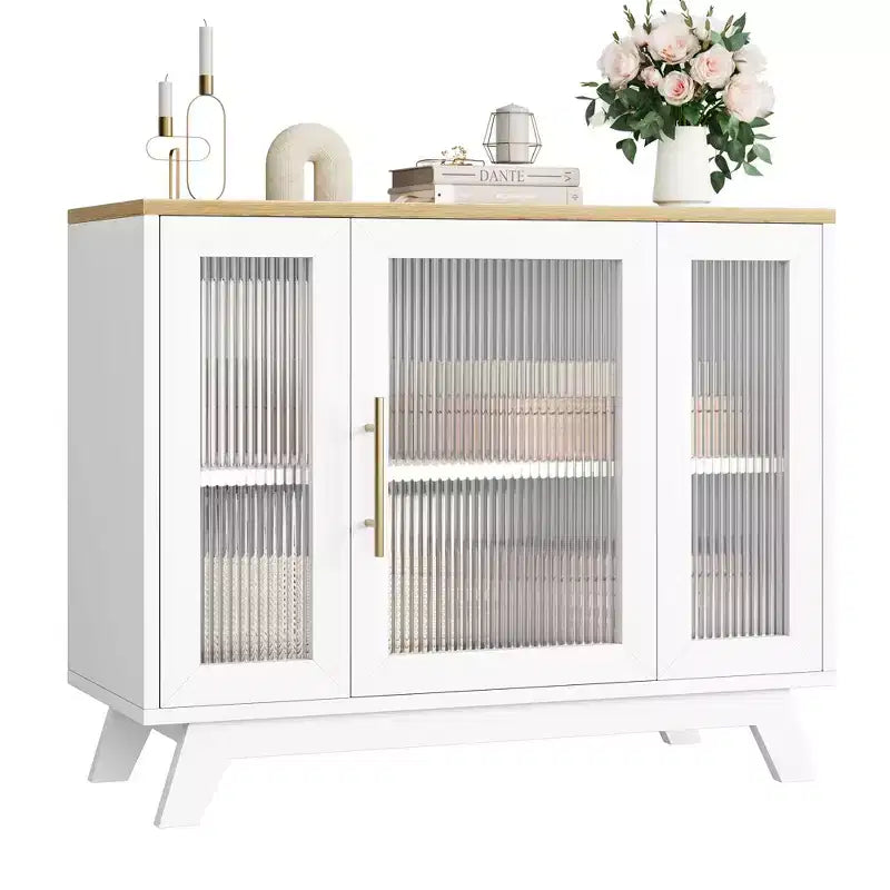 Bahut de salle à manger avec portes en verre cannelé blanc/blanc et naturel, 91,4 cm et 142,2 cm, 1-2 personnes