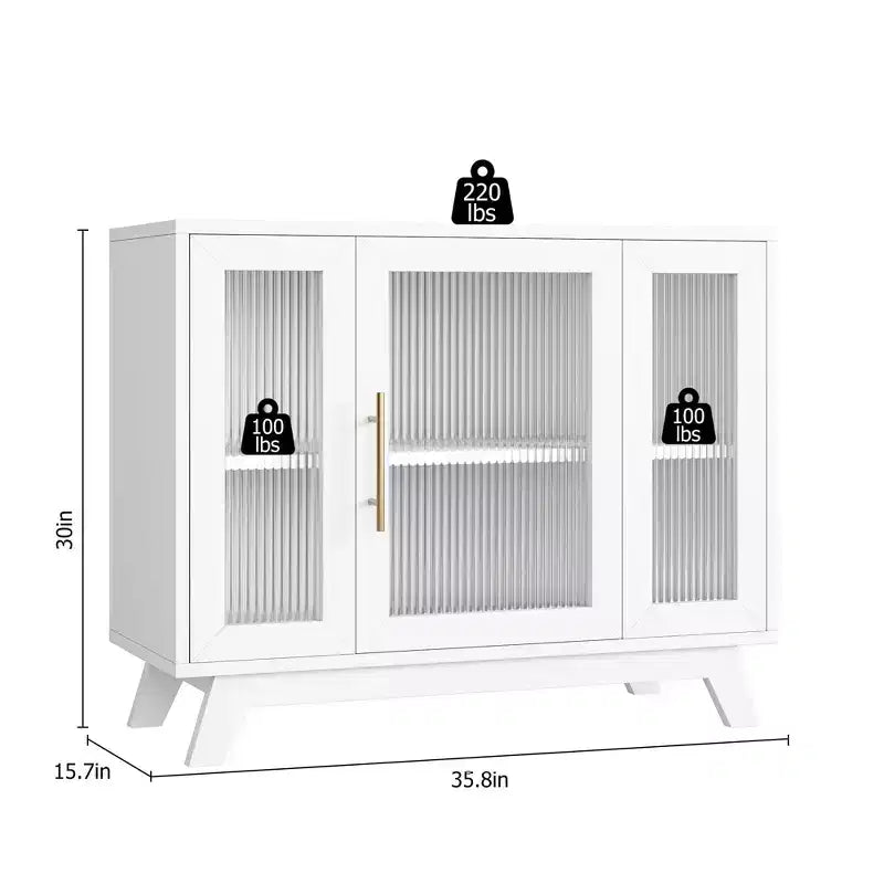 Bahut de salle à manger avec portes en verre cannelé blanc/blanc et naturel, 91,4 cm et 142,2 cm, 1-2 personnes
