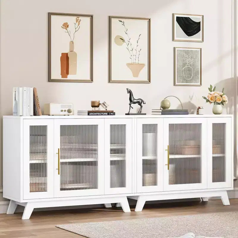 Bahut de salle à manger avec portes en verre cannelé blanc/blanc et naturel, 91,4 cm et 142,2 cm, 1-2 personnes