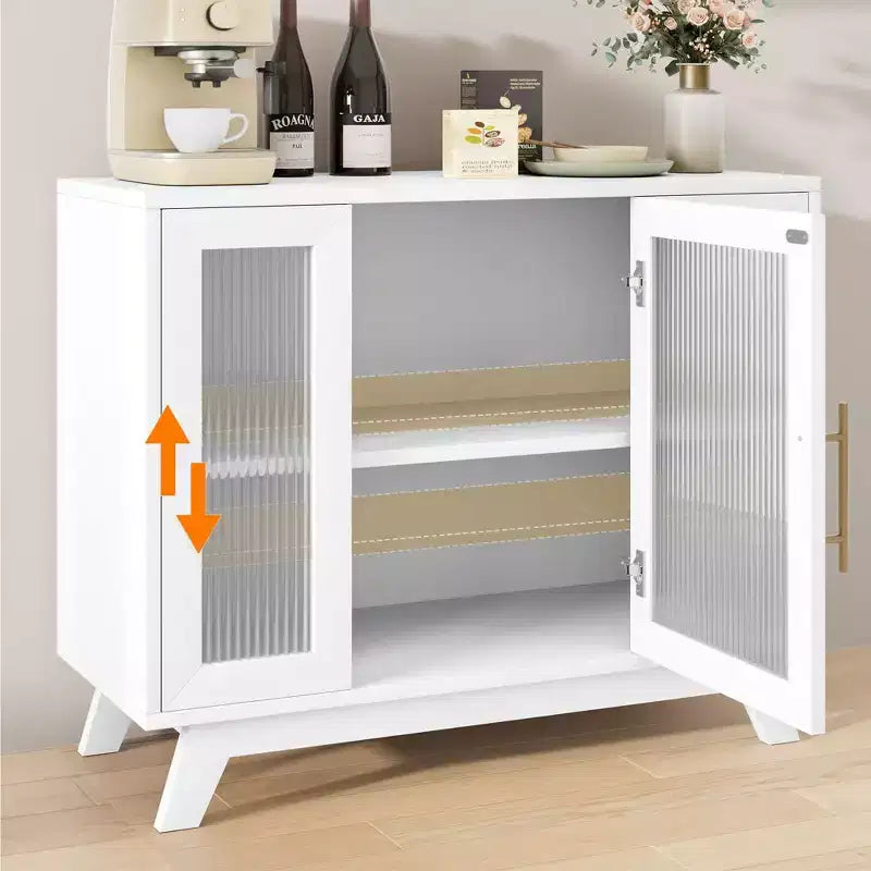 Bahut de salle à manger avec portes en verre cannelé blanc/blanc et naturel, 91,4 cm et 142,2 cm, 1-2 personnes