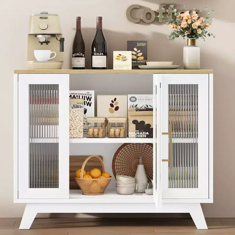 Bahut de salle à manger avec portes en verre cannelé blanc/blanc et naturel, 91,4 cm et 142,2 cm, 1-2 personnes