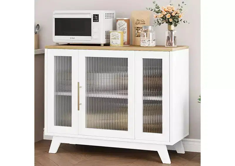 Bahut de salle à manger avec portes en verre cannelé blanc/blanc et naturel, 91,4 cm et 142,2 cm, 1-2 personnes