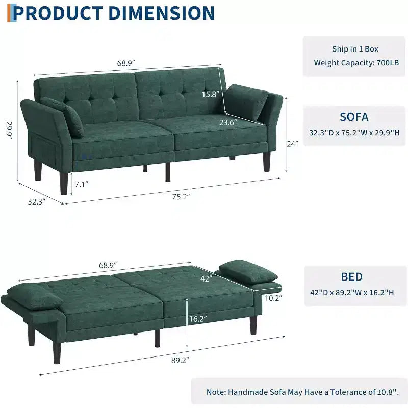 Canapé-lit futon en chenille, dossier et accoudoirs réglables, canapé-lit convertible 2 places