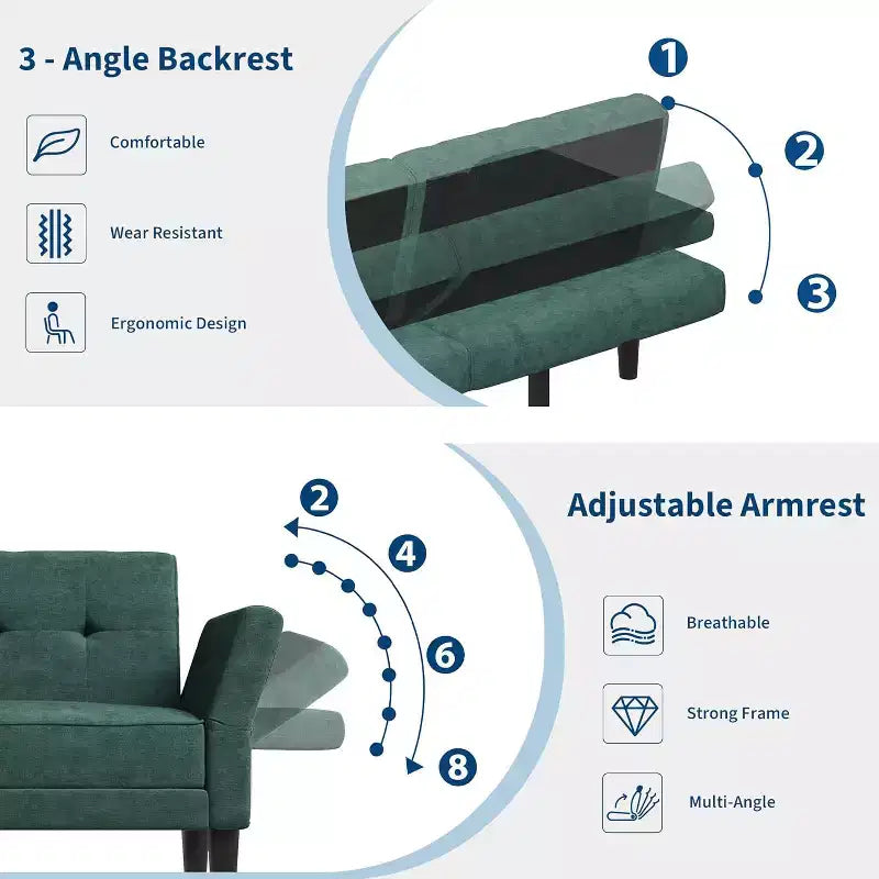 Canapé-lit futon en chenille, dossier et accoudoirs réglables, canapé-lit convertible 2 places