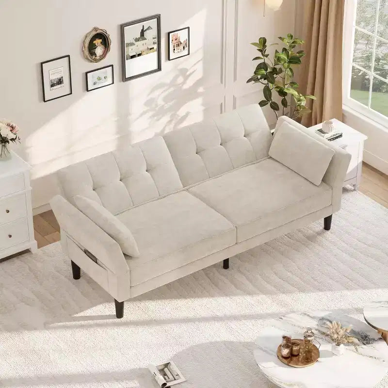 Canapé-lit futon en chenille, dossier et accoudoirs réglables, canapé-lit convertible 2 places