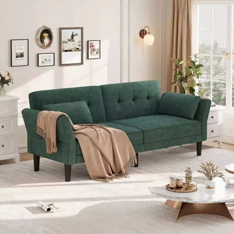 Canapé-lit futon en chenille, dossier et accoudoirs réglables, canapé-lit convertible 2 places
