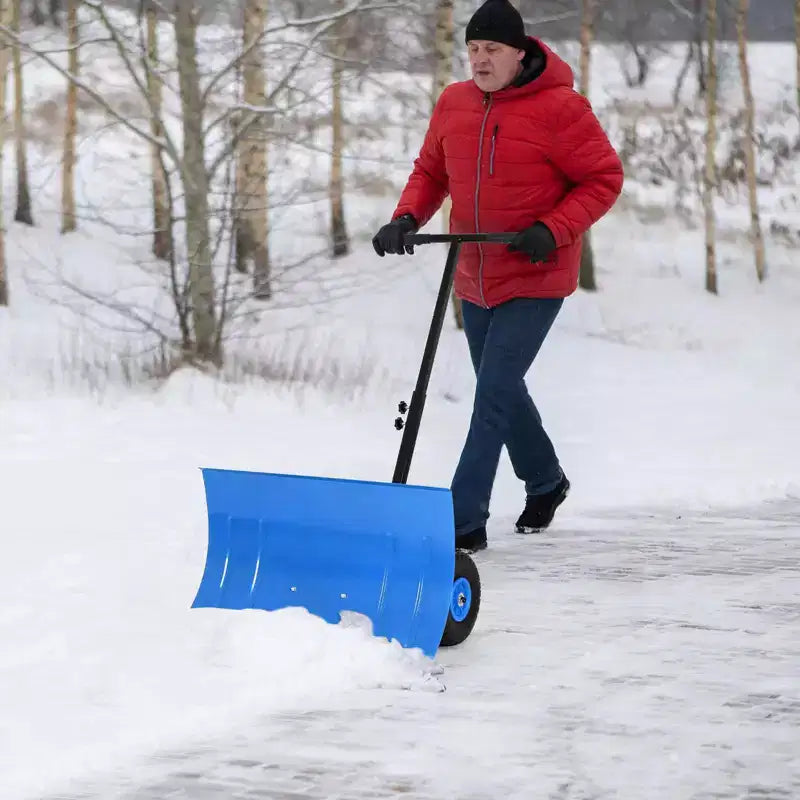 Heavy Duty Snow Shovel with Wheels, Ergonomic Snow Pusher for Driveways, Adjustable Angle & Height Handle for Efficient Snow Removal